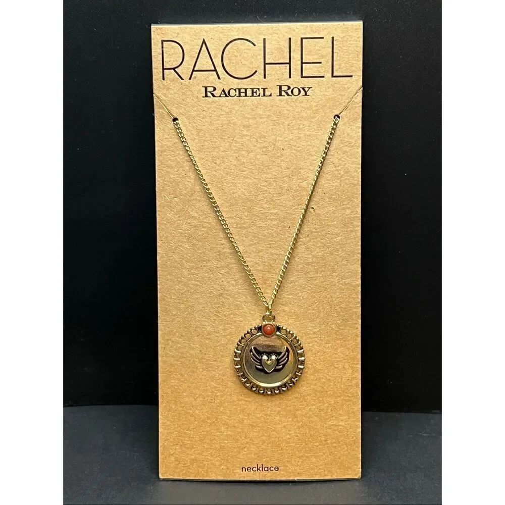 RACHEL Rachel Roy Love Winged Heart Gold Tone Medallion Talisman Necklace